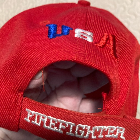 USA Firefighter Vintage Ball Cap Velcro Back Strap Flame Red White Blue Flag - Picture 3 of 5